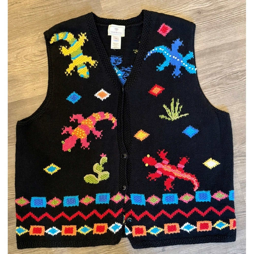 90s Vintage Susan Bristol Lizard Cactus Hand Knit Vest Colorful Women Size 2W